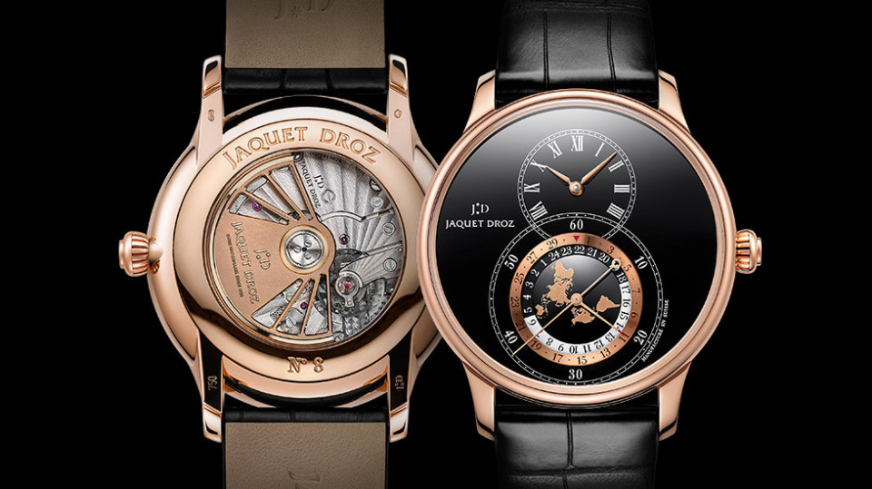 雅克德羅首度出現結合世界地圖的兩地時間大秒針手錶