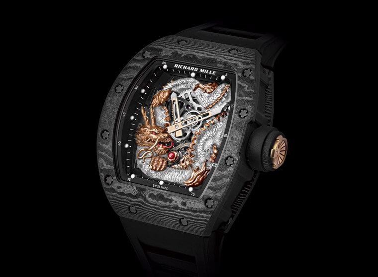 RICHARD MILLE的RM 57-03陀飛輪罕見把金雕提升到K金結合藍寶石的境界