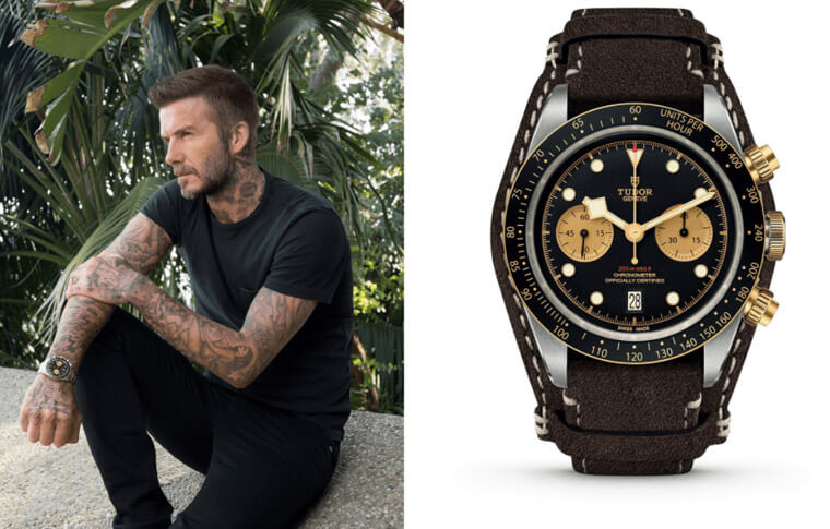 帝舵代言人女神卡卡和貝克漢分別佩戴半金Black Bay來個跨界對談