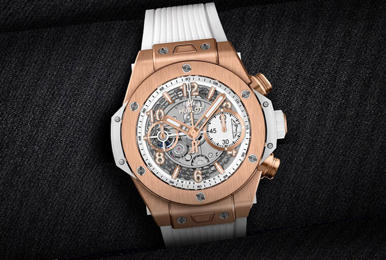 宇舶Big Bang Unico星幻白计时表的皇金表壳配白色细节让手表充满节庆般的欢愉气氛