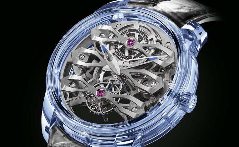 GP芝柏表Quasar Azure三金桥陀飞轮不只是透明壳 还带有清爽的蓝色调