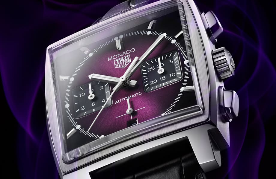 泰格豪雅Monaco赛车计时码表换上带有奢华感的紫色渐层面盘