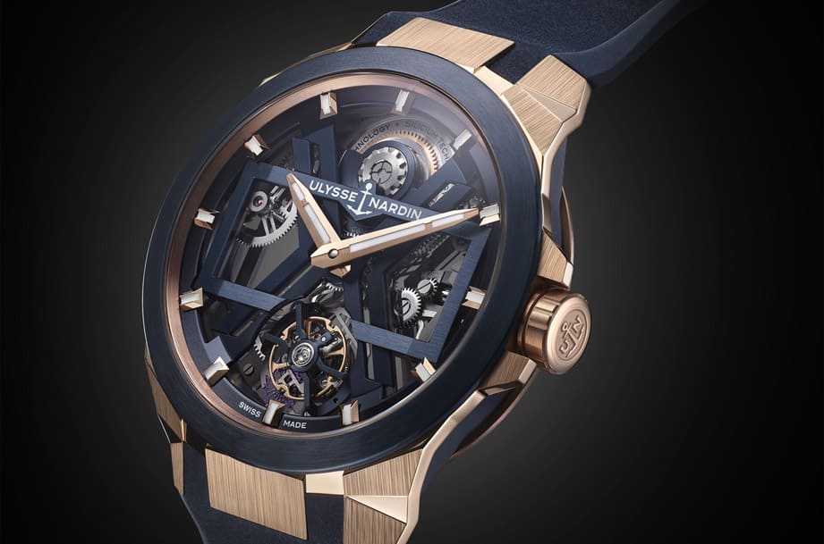 雅典表以玫瑰金搭配蓝色PVD钛金属创造Blast镂空陀飞轮新形象