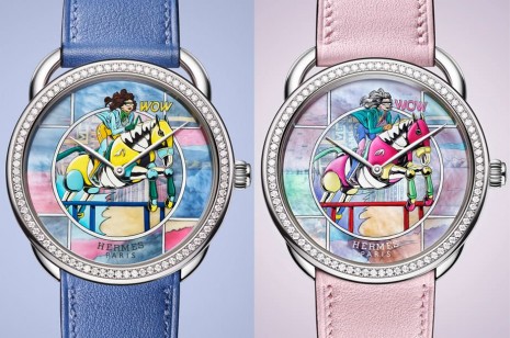 愛馬仕Arceau限量錶於珍珠母貝面盤微繪畫上漫畫風格絲巾圖案