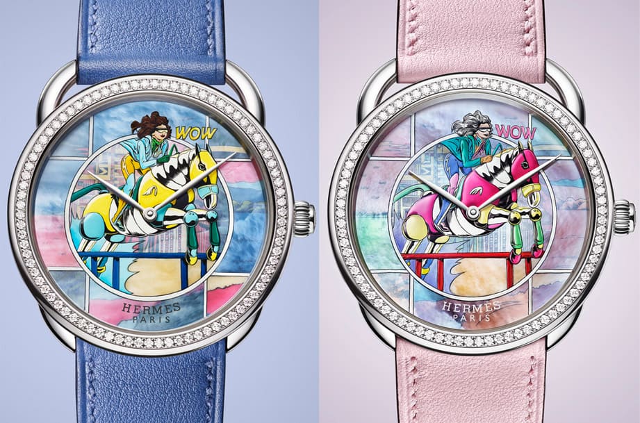 爱马仕Arceau限量表于珍珠母贝面盘微绘画上漫画风格丝巾图案