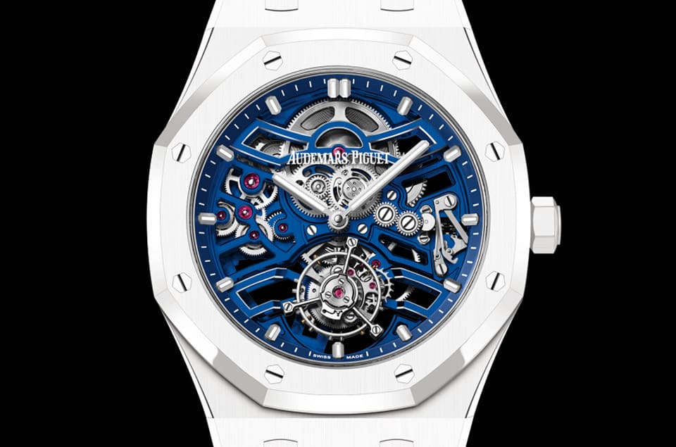 [Only Watch 2023]AP皇家橡树自动镂空飞行陀飞轮改搭白色陶瓷表壳与蓝色机芯