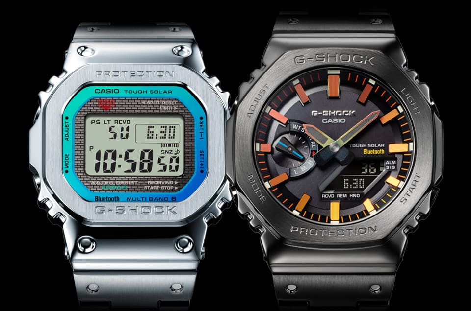 G-SHOCK经典方壳5000与农家橡树2100系列新推全金属表壳渐层色系面盘太阳能表