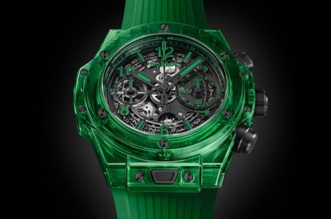 HUBLOT招牌大爆炸計時碼錶首次綠色SAXEM透明錶「稀有度三級跳」