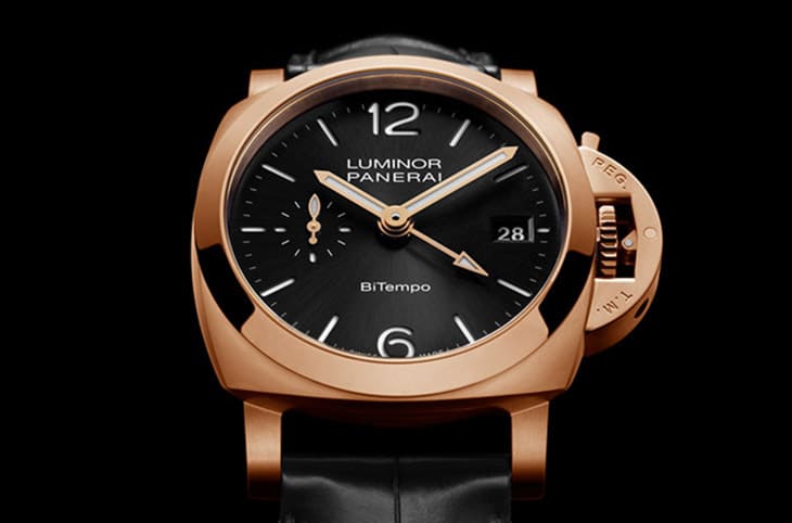 沛纳海Luminor PAM01641改以Goldtech红金搭配实用两地时间功能